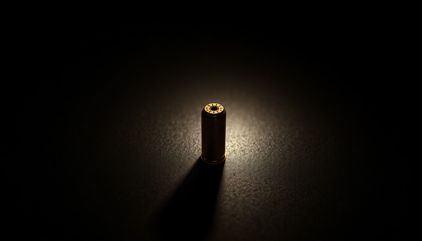 An extreme close-up photograph of a single bullet casing on a dark, shadowy surface, lit by a harsh, direct camera flash, conceptually representing the aftermath of a shooting incident.
