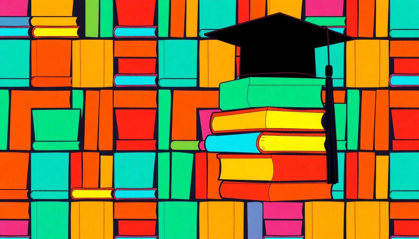 A bold, colorful silkscreen print featuring repeated images of college textbooks and a graduation cap, conceptually representing the energy and spirit of a university fundraising event.