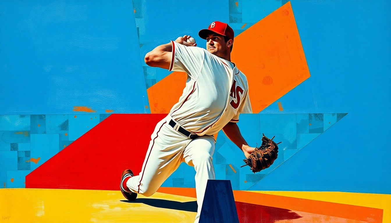 A cubist-style painting featuring sharp, overlapping geometric planes in vibrant blues, reds, and yellows, capturing the motion and energy of a baseball pitcher's delivery.