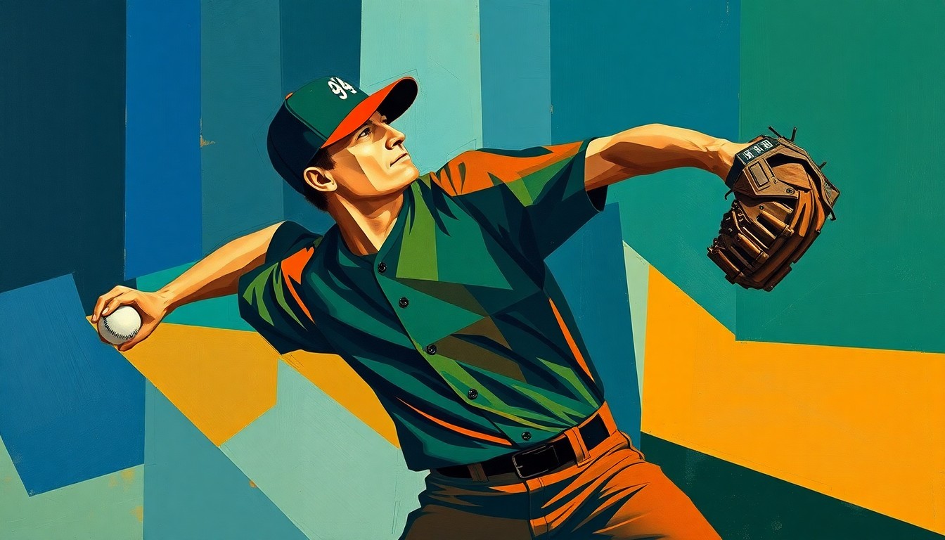 A fragmented, cubist-style painting depicting a baseball pitcher's throwing motion broken down into sharp, overlapping geometric shapes in a palette of navy, green, and orange, conveying the dynamic nature of roster decisions in professional baseball.