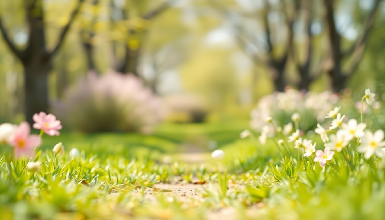 An abstract, impressionistic photograph of a park path with blurred Easter eggs, flowers, and greenery, conveying a sense of warmth, joy, and the arrival of spring.