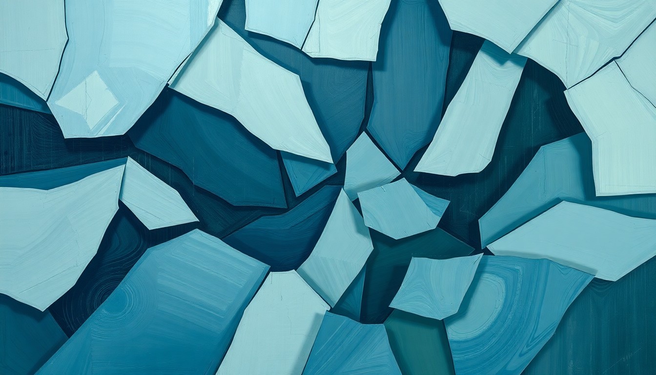 A dynamic, abstract painting in overlapping geometric waves of muted blues, grays, and greens, conveying a sense of disruption and reorganization.