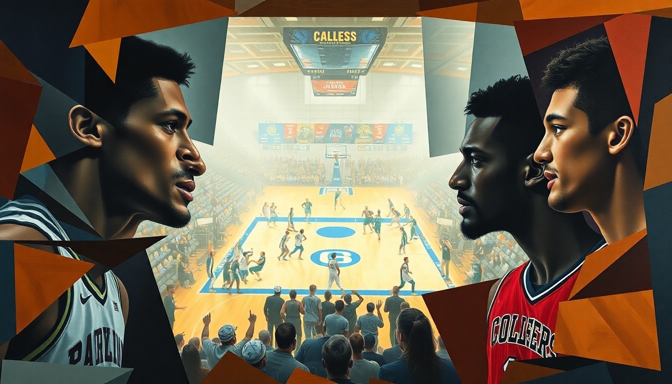 A fractured, cubist-style painting depicting the chaos and energy of a college basketball game, with the players' forms broken down into overlapping geometric shapes and planes of vibrant color.