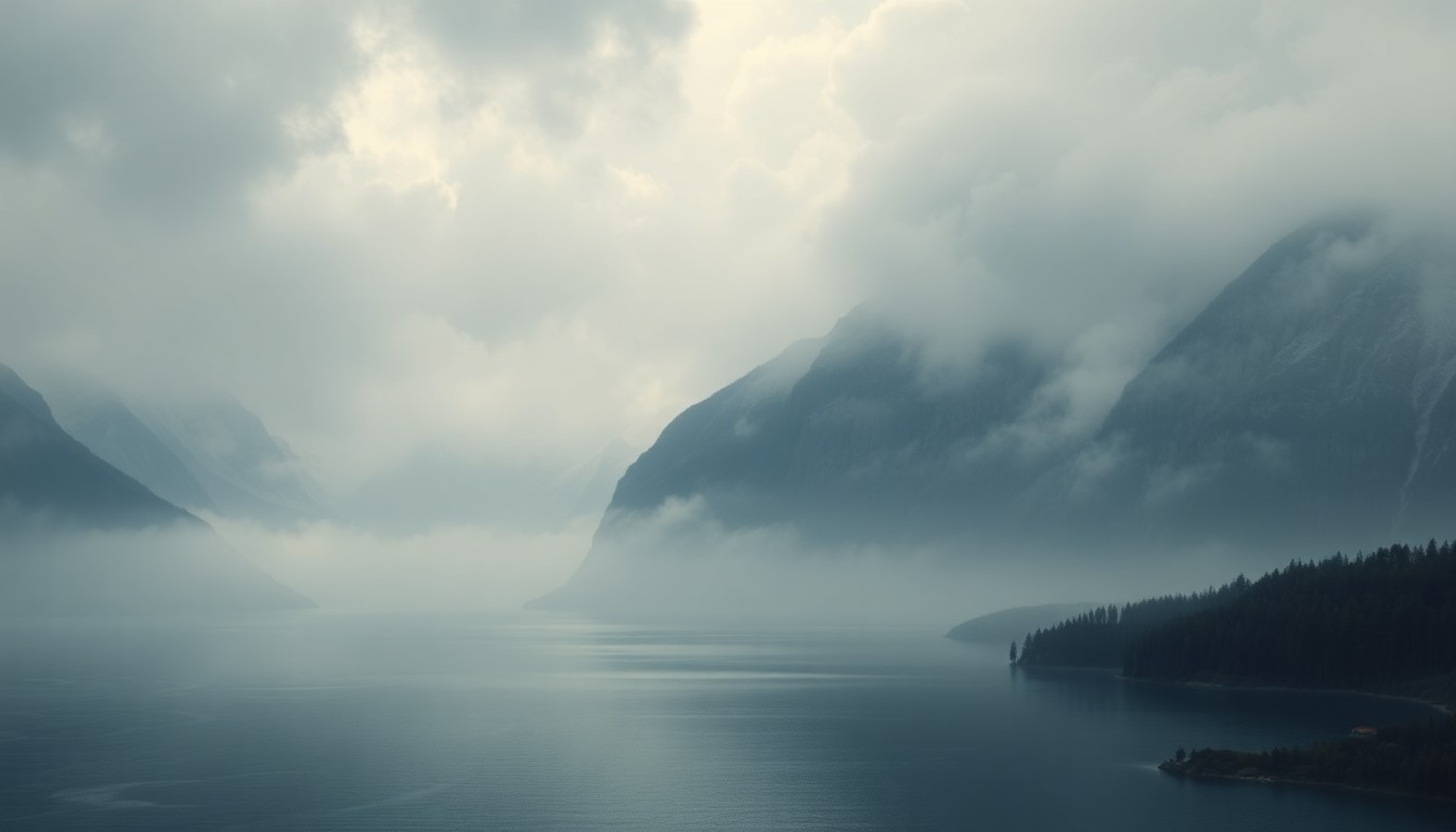 A vast, atmospheric landscape painting depicting a serene mountain lake surrounded by towering, fog-shrouded peaks, conveying the overwhelming scale and sublime power of the natural world.