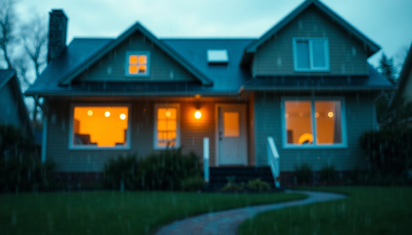 An abstract, impressionistic photograph of a cozy family home at dusk, with soft, warm light and color reflecting through rain-streaked windows, conveying a sense of comfort, security, and healing for a grieving household.