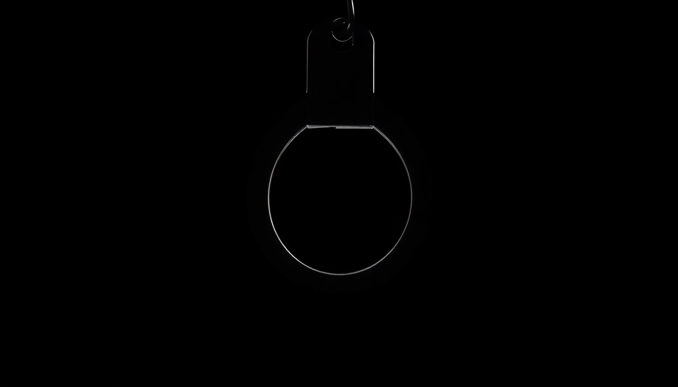 An extreme close-up photograph of a single handcuff against a pitch-black background, lit by a harsh, direct camera flash, conceptually representing the serious, investigative nature of this wrongful conviction case.