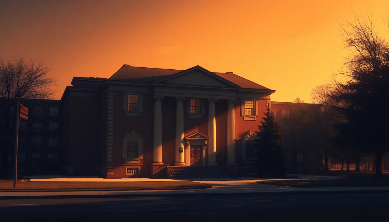 A photorealistic oil painting depicting the facade of a university administration building, with warm sunlight casting dramatic shadows across the structure's classical architecture.
