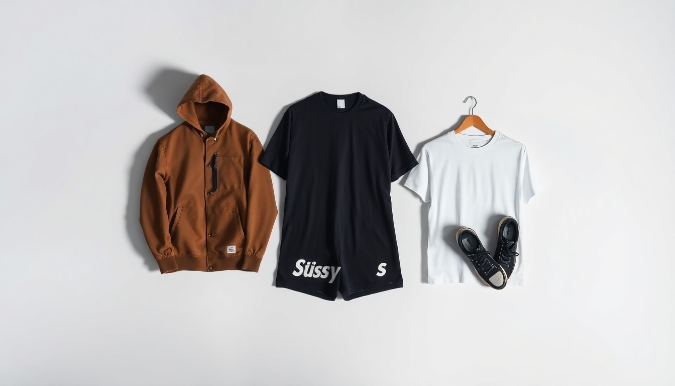 A high-end studio still life photograph featuring a neatly arranged collection of premium streetwear items like a Carhartt jacket, Stüssy shorts, and a Supreme t-shirt, all placed elegantly on a clean, monochromatic background and dramatically lit to represent the abstract concepts of fashion, culture, and entrepreneurship.