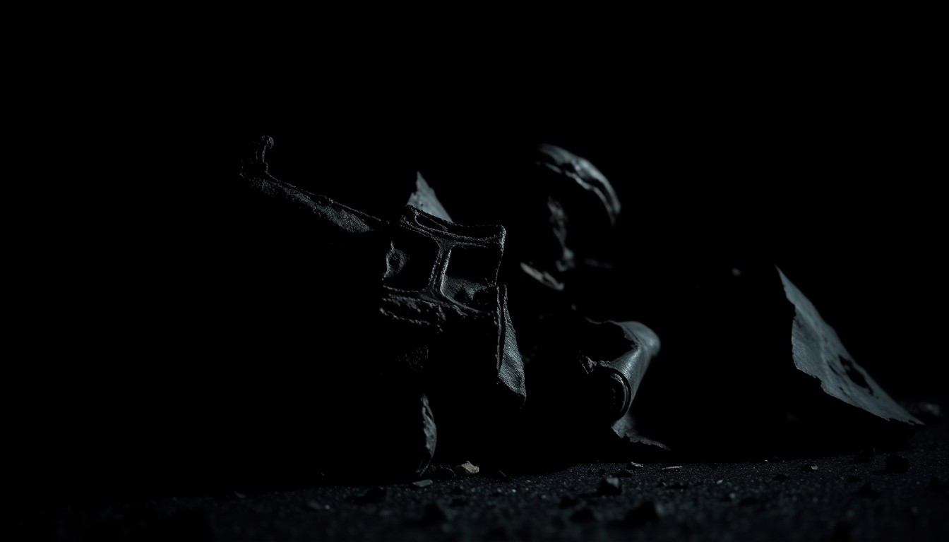 An extreme close-up photograph of a charred and twisted car part, capturing the gritty aftermath of a high-speed crash in stark detail.