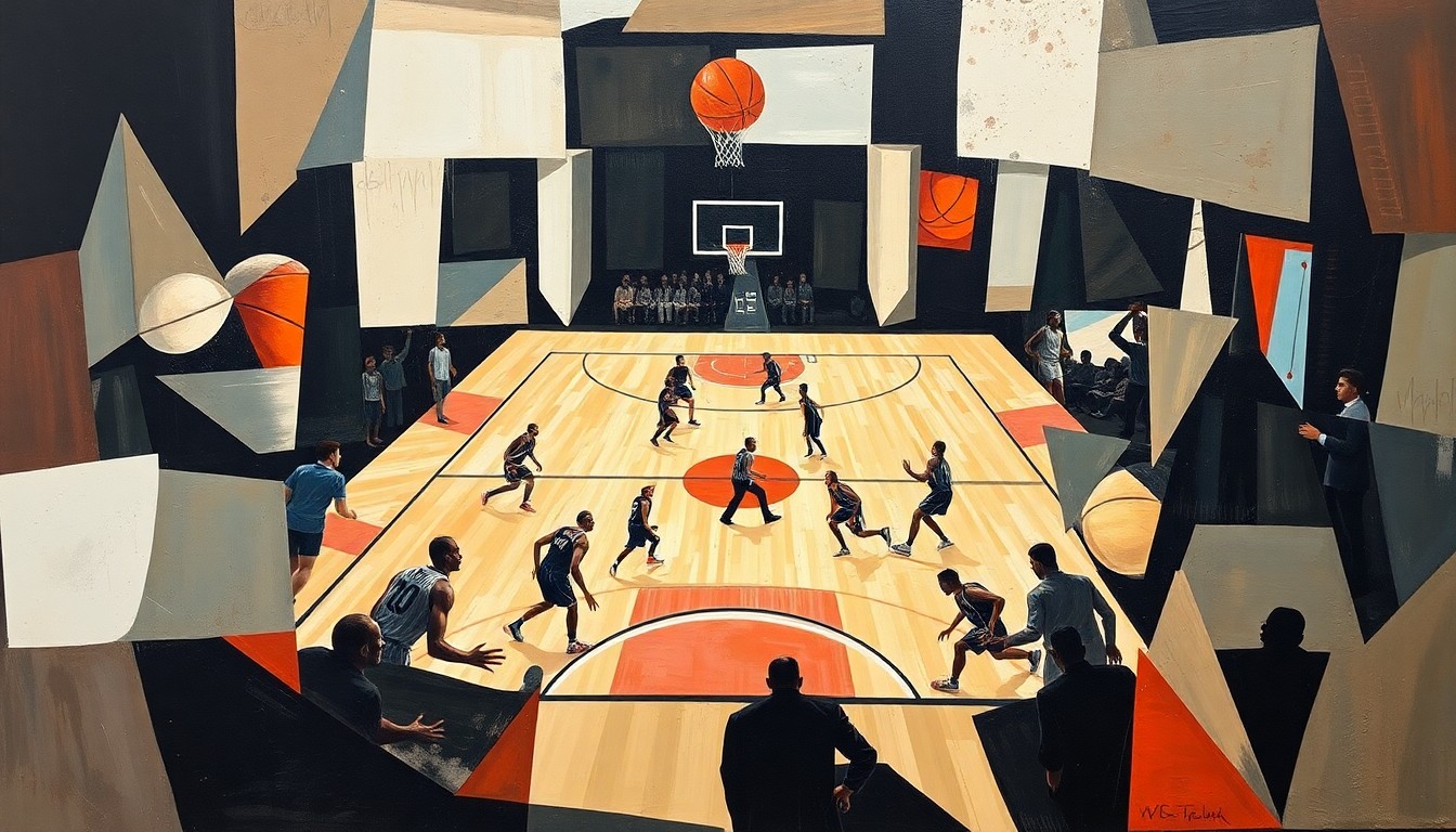A fractured, cubist-style painting depicting a basketball game or match broken down into sharp, overlapping geometric shapes and planes of color, with a sense of motion and energy.