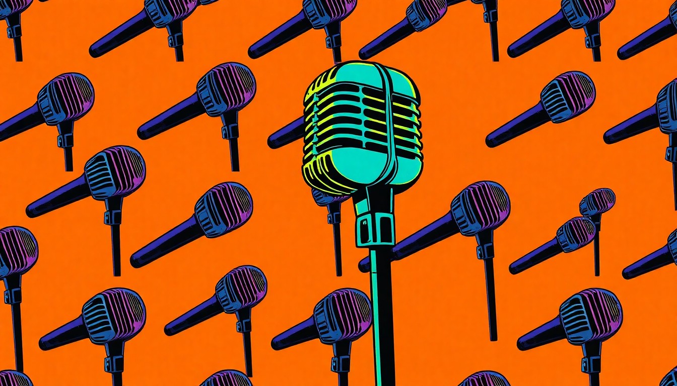 A vibrant, silkscreen-style illustration featuring a punk rock microphone repeated in a grid pattern, using a neon color palette and heavy black outlines to transform the everyday object into a modern pop art piece.