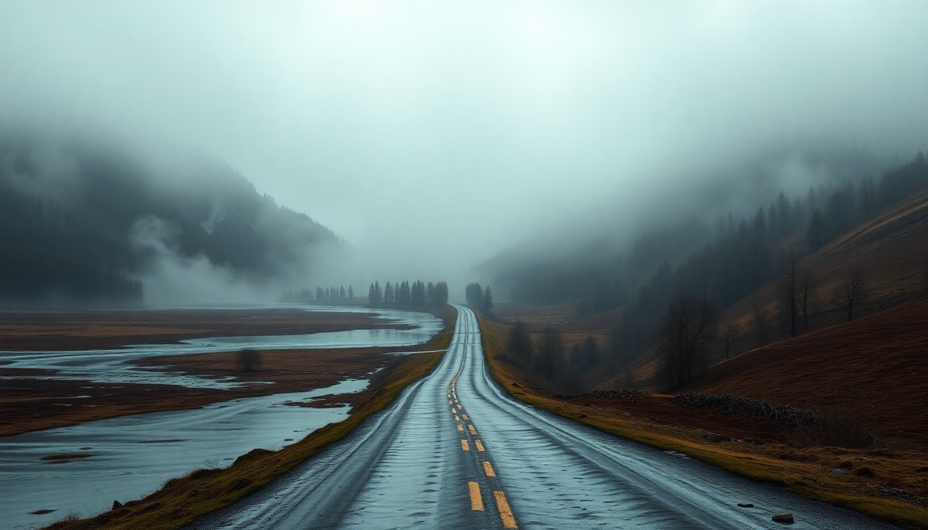 A sweeping, atmospheric landscape painting depicting a flooded road winding through a misty, desolate countryside, conceptually representing the disruption caused by a water main break in Worthington, Ohio.