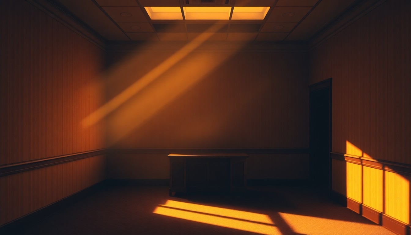 A dimly lit, cinematic painting of an empty government office with a lone desk and chair, the space bathed in warm, diagonal sunlight and deep shadows, conveying a sense of political transition and uncertainty.