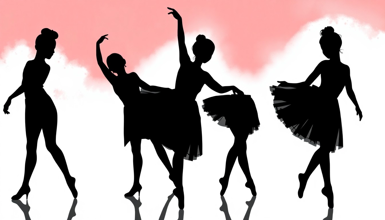 An abstract, minimalist illustration featuring bold black silhouettes of dancers in motion, set against a vibrant red and white background, capturing the energy and artistry of the Vail Youth Ballet Company's spring performance.