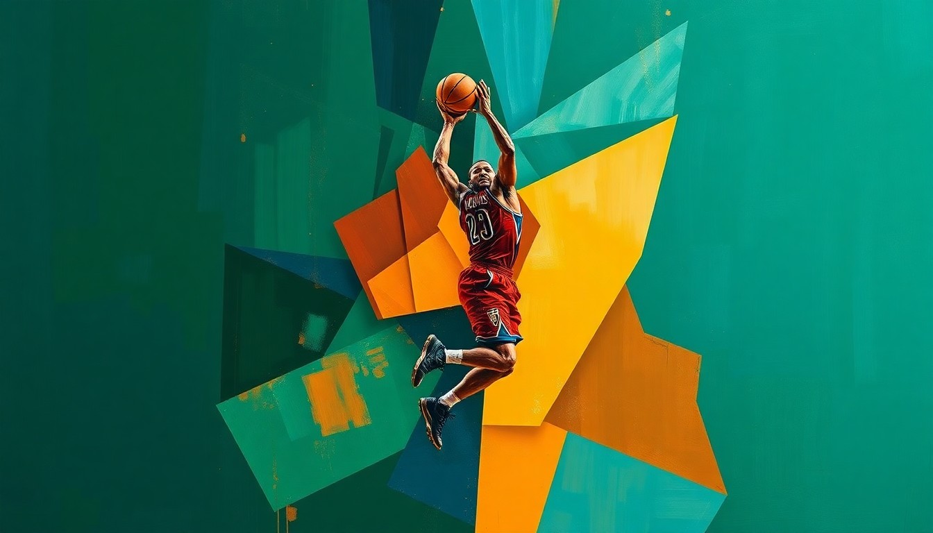 A cubist-style painting depicting a basketball player's jump shot broken down into overlapping geometric shapes and planes in a palette of blues, greens, and oranges, conceptually representing the versatility and talent Jaidyn Coon will bring to the Iowa Hawkeyes.