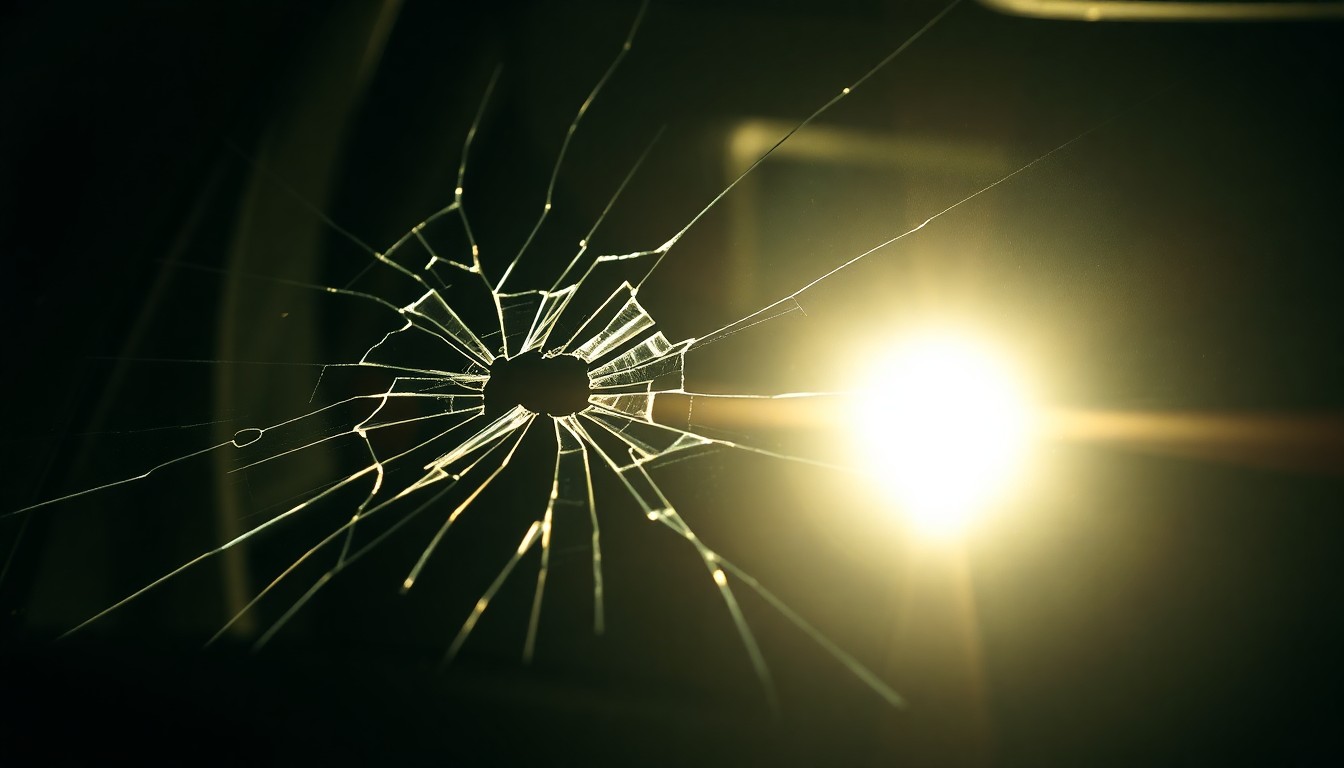 An extreme close-up of a shattered car windshield reflecting a single bright headlight, conveying the aftermath of a violent vehicular attack.