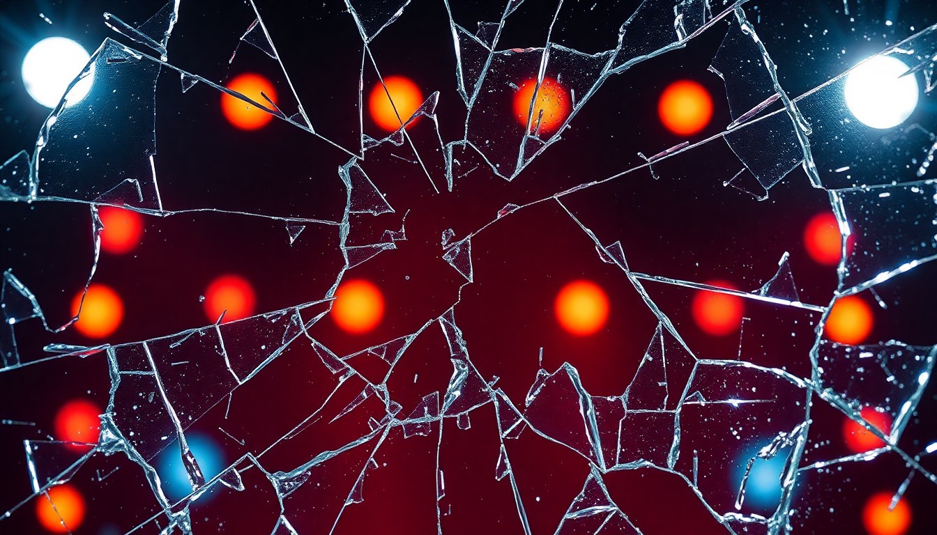 An abstract close-up photograph of shattered glass reflecting stage lighting, conveying a sense of fragility and the potential for personal disputes to disrupt a celebrity's public image.