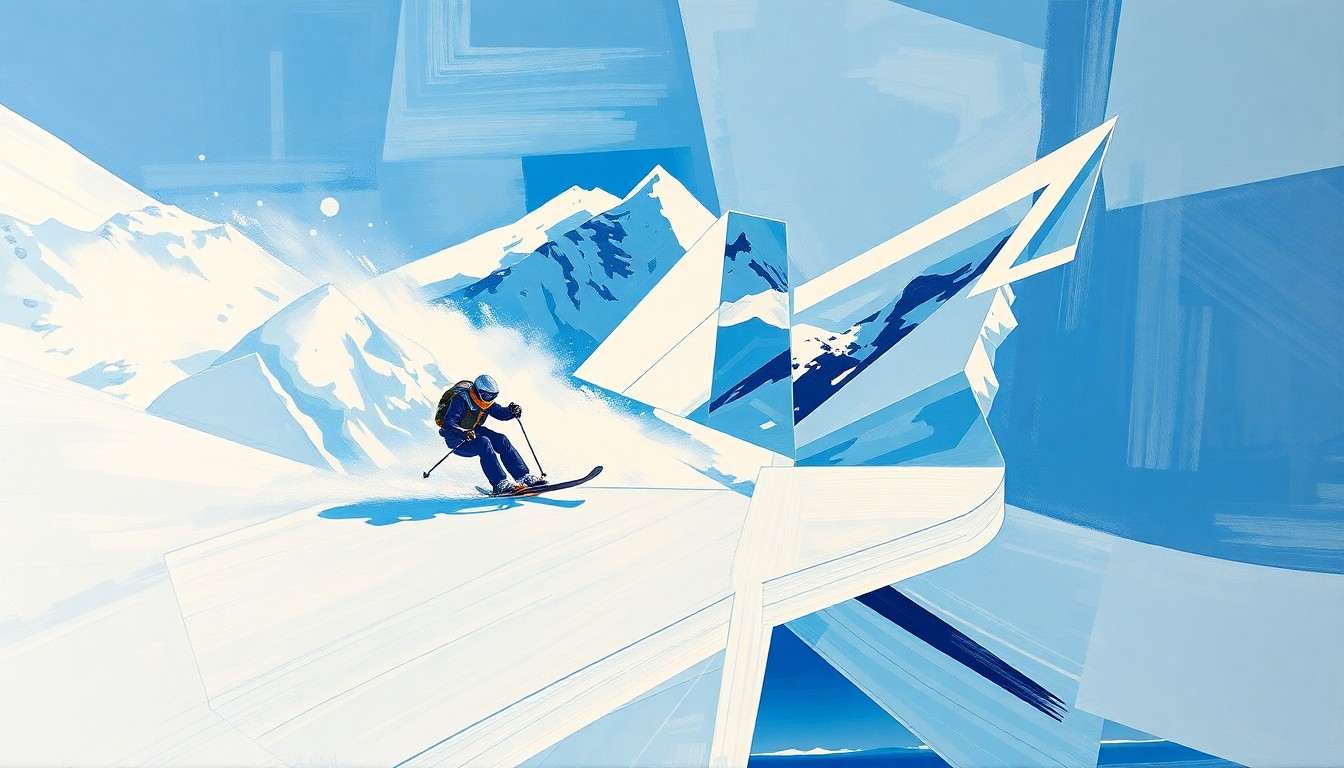 A fragmented, geometric painting depicting a skier in motion, with sharp planes of blue, white, and gray hues conveying the dynamic movement and energy of the sport.