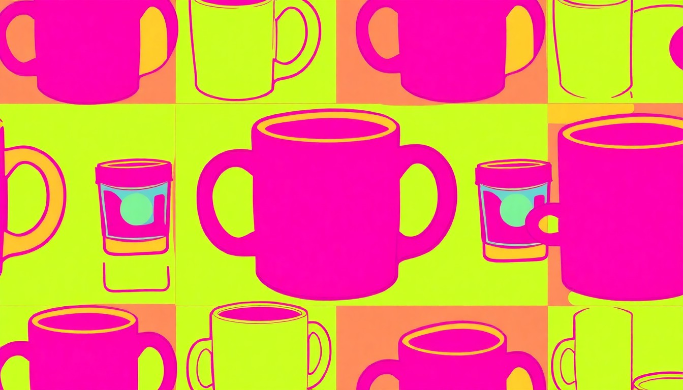 A highly stylized, abstract grid of brightly colored silkscreen shapes representing iconic small-town business objects, conceptually illustrating the energy and diversity of the local commerce celebrated in the 'Best of Biddeford + Saco' awards.