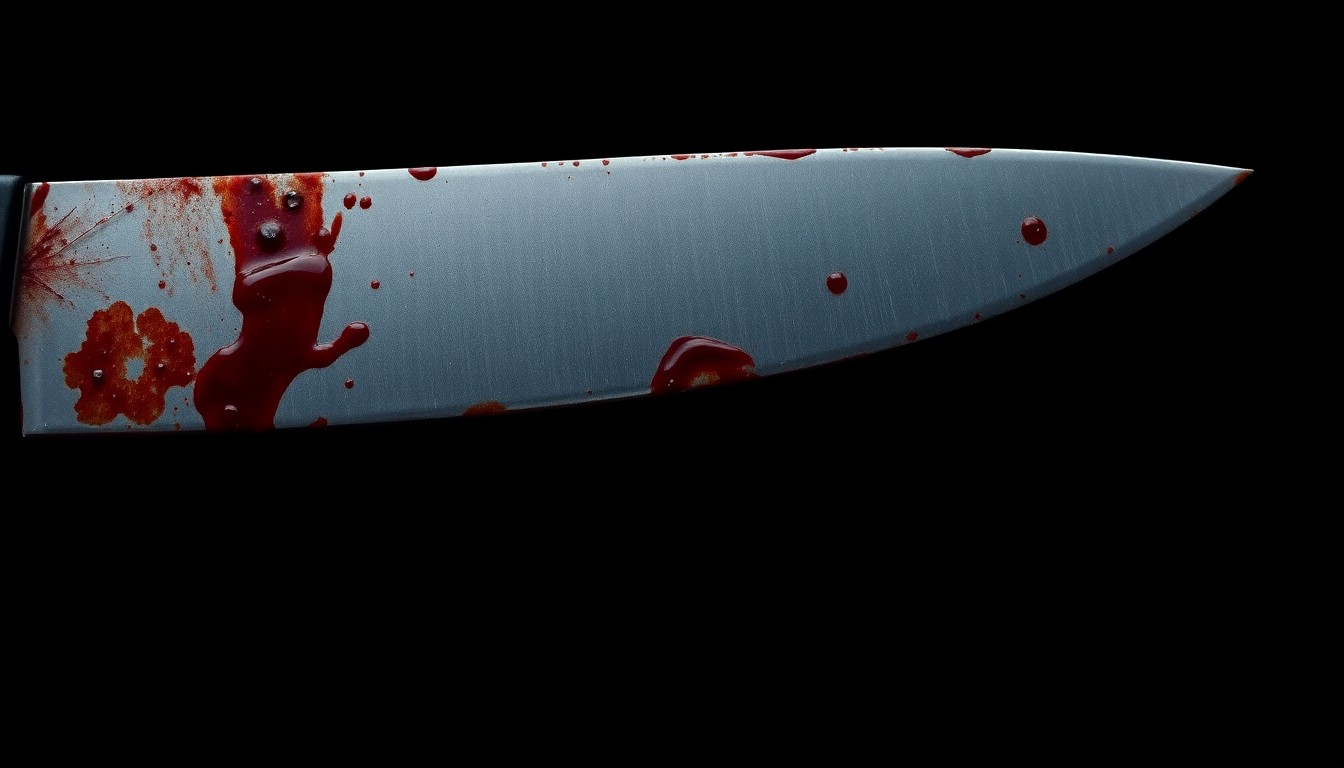 An extreme close-up of a bloodied knife blade against a pitch-black background, conceptually illustrating the violent nature of the alleged stabbing incident in the chicken coop.
