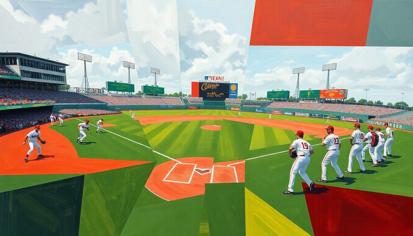 A fragmented, geometric painting depicting the motion and action of a college baseball game, with sharp planes of green, white, and red representing the field, uniforms, and dirt.
