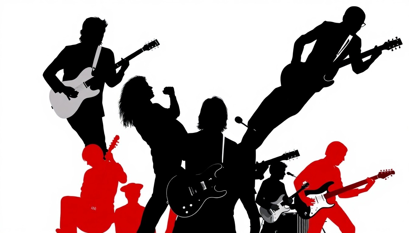 A minimalist, abstract illustration featuring bold black silhouettes of various musical instruments and objects against a high-contrast background, conceptually representing the wide range of iconic musicians from across the country.