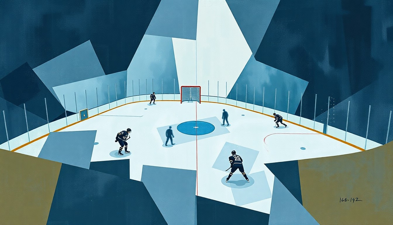A cubist, geometric painting in muted blues, grays, and whites depicts the chaotic energy of a hockey game, with overlapping planes and fragmented shapes representing the divisive incident involving Dallas Stars fans.
