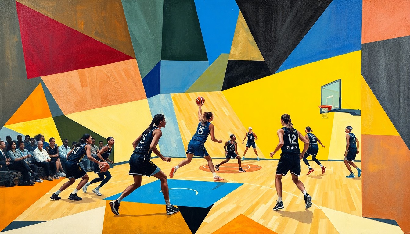 A cubist-style painting featuring overlapping geometric shapes and planes of color, representing the action and movement of a women's basketball game in an abstract, deconstructed manner.