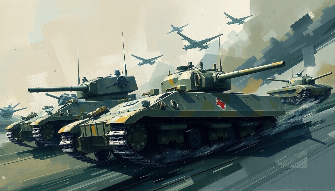 An abstract, avant-garde painting depicting fragmented, overlapping images of tanks, jets, and other military equipment in motion, rendered in a palette of grays, greens, and blues, conveying a sense of power and momentum.