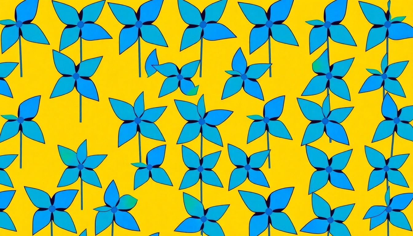 A bold, graphic silkscreen illustration of a repeating blue pinwheel pattern in bright neon colors, conceptually representing the Barrie Center's child abuse prevention efforts.