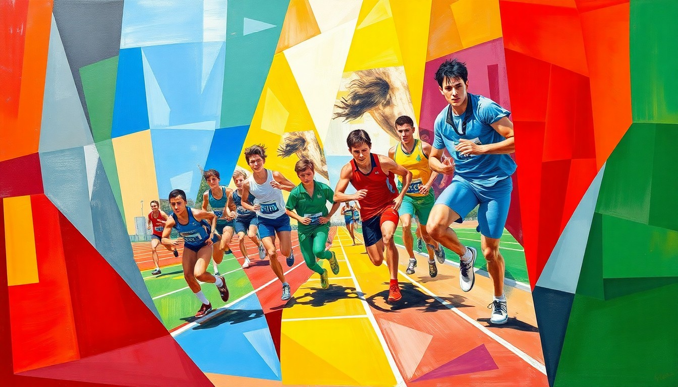 A fragmented, cubist-style painting depicting overlapping geometric shapes and planes of color representing athletes in motion during a track and field competition.