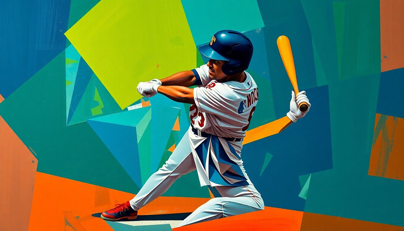 A fragmented, geometric painting depicting the batting motion of a baseball player, with sharp planes of navy, green, and orange overlapping to create a dynamic, abstract representation of the historic debut.