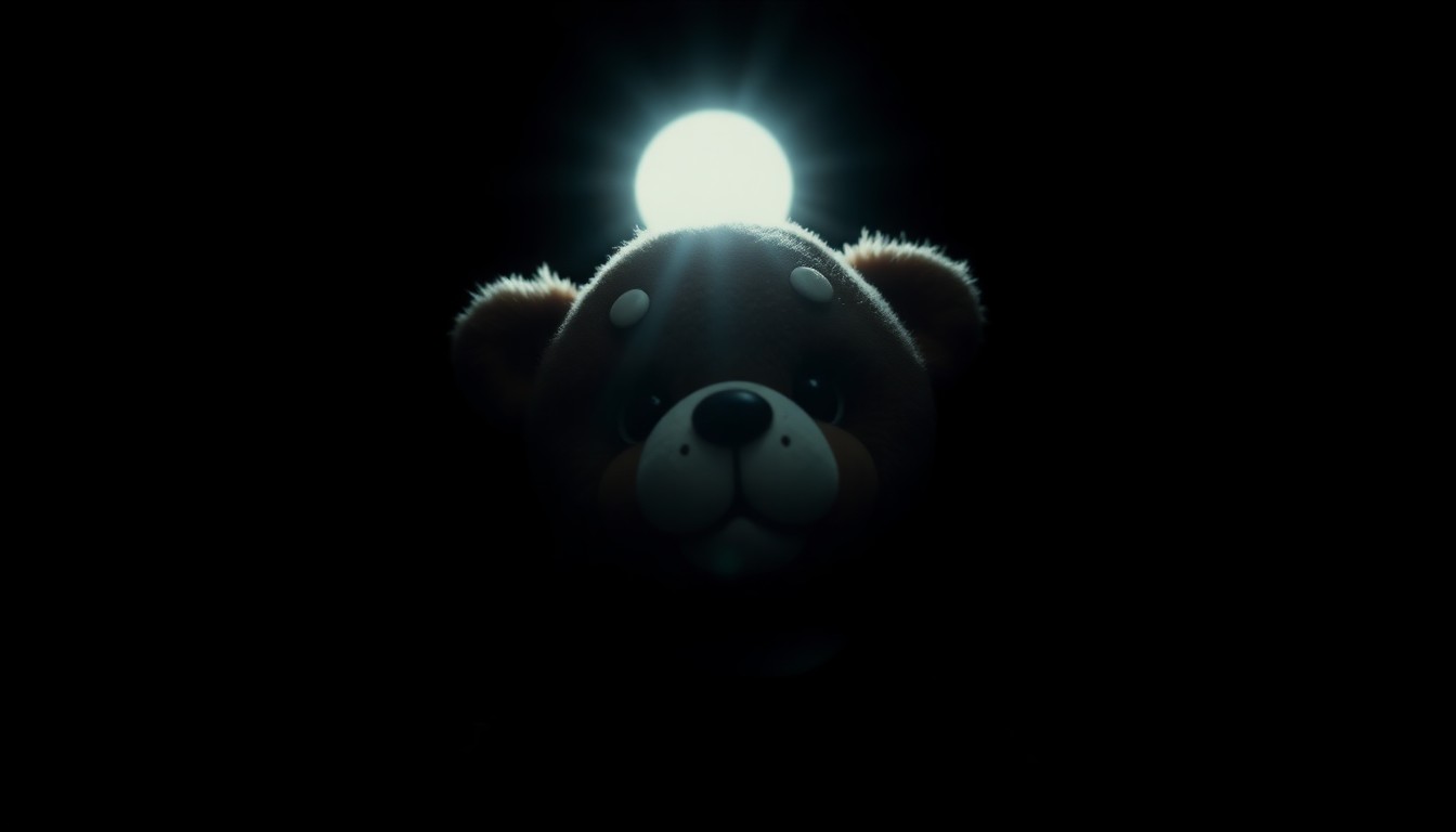 An extreme close-up photograph of a stuffed animal, its fuzzy texture and plastic eyes dramatically lit by a harsh, direct camera flash against a pitch-black background, conveying a sense of gritty, investigative emotion without depicting any actual violence.
