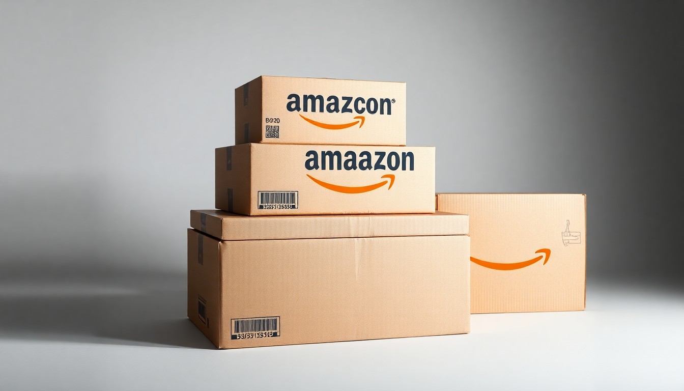 A high-end, photorealistic studio still-life photograph featuring a stack of polished Amazon shipping boxes arranged elegantly on a clean, monochromatic background, conceptually representing the abstract corporate strategy and financial impact of the fuel surcharge.