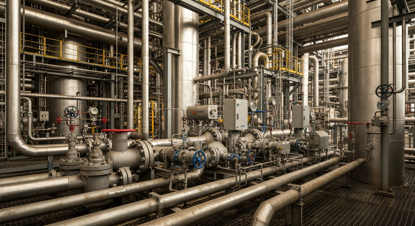 An extreme close-up of intricate LNG processing equipment, with a focus on the heavy, mechanical components that represent the backbone of the domestic natural gas industry.