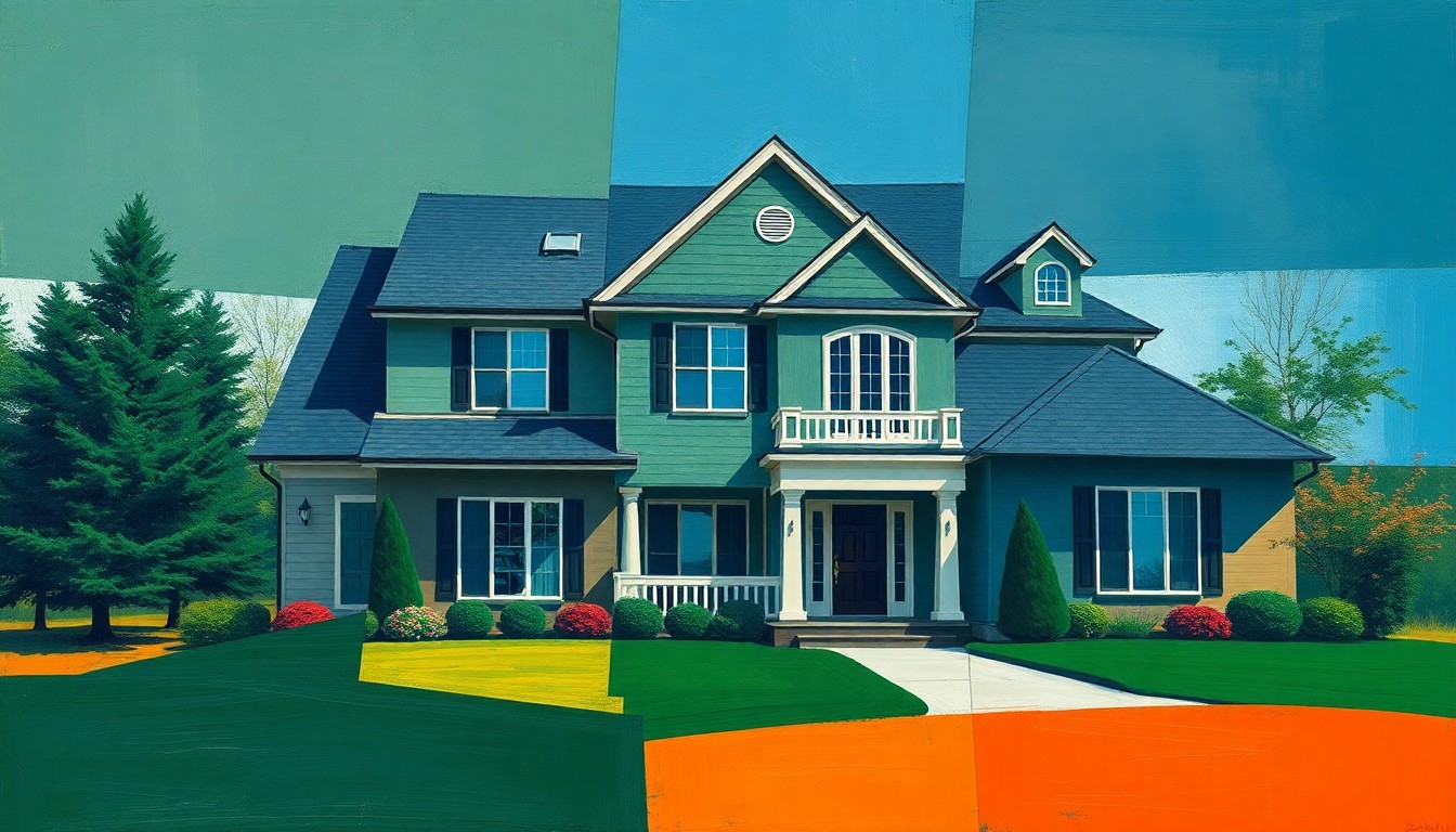 A cubist, geometric painting depicting the fractured exterior of a large suburban home, with sharp overlapping planes in navy, green, and orange hues conveying a sense of transition and change.