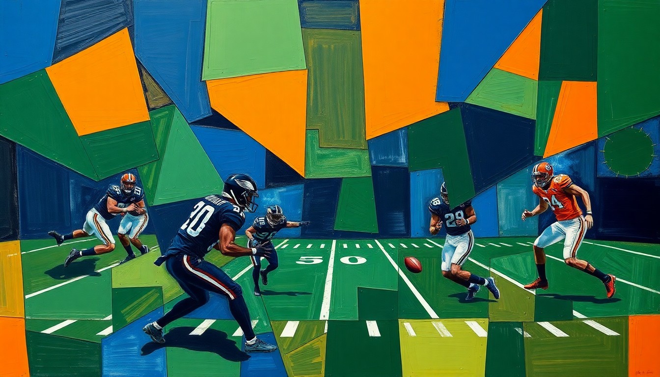 A fragmented, cubist-style painting depicting the abstract shapes and movements of a football game or practice, with sharp geometric planes in navy, green, and orange hues.