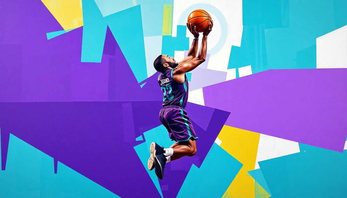 A cubist, geometric painting depicting a basketball player in the act of shooting a three-pointer, with the player's form fractured and abstracted into overlapping planes of vibrant purple, teal, and white colors.