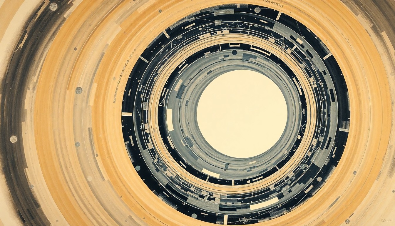 A bold, abstract painting in the style of Hilma af Klint, featuring sweeping geometric arcs, concentric circles, and precise celestial spirals in soft colors, representing the Artemis II spacecraft's journey to the moon.