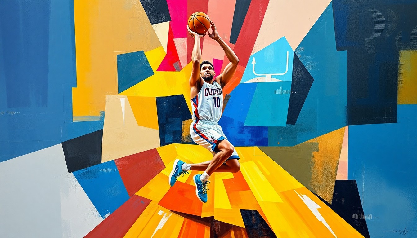 A fractured, cubist-style painting depicting a basketball player in motion, with the player's body and the ball broken down into sharp, overlapping geometric shapes and planes in the team colors of the Los Angeles Clippers and San Antonio Spurs.