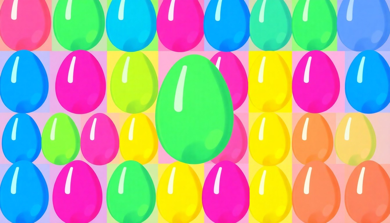 A vibrant, pop art-inspired illustration featuring a grid of stylized glass Easter eggs in pastel blue, pink, and yellow hues, conceptually representing the custom-designed eggs hidden throughout Newton for the community Easter egg hunt.