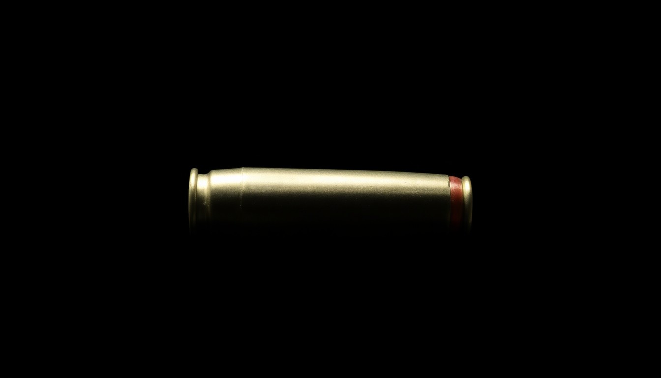 An extreme close-up photograph of a single .380 caliber bullet casing against a pitch-black background, capturing the harsh, gritty details of the metal surface under dramatic lighting to conceptually represent the investigation into a child's accidental shooting death.