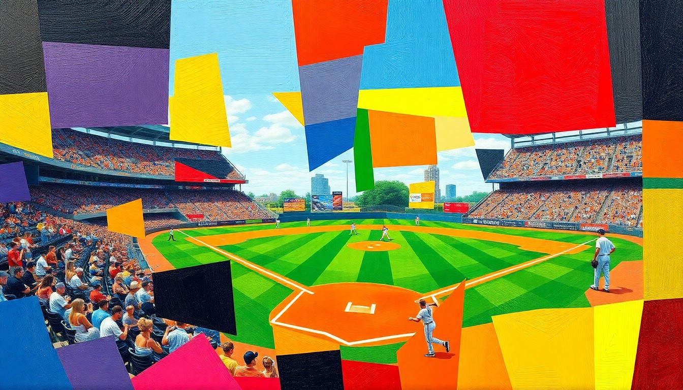 A fragmented, geometric painting in bold primary colors depicting the dynamic action of a college softball game, with players and the field deconstructed into overlapping angular shapes.