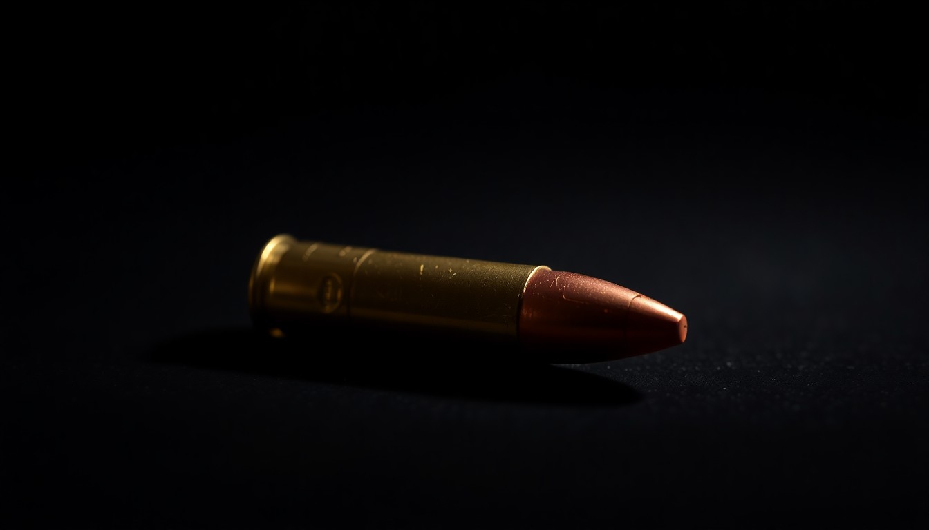 An extreme close-up photograph of a single spent bullet casing on a dark surface, lit by a harsh, direct camera flash, conceptually illustrating the physical aftermath of a violent crime.