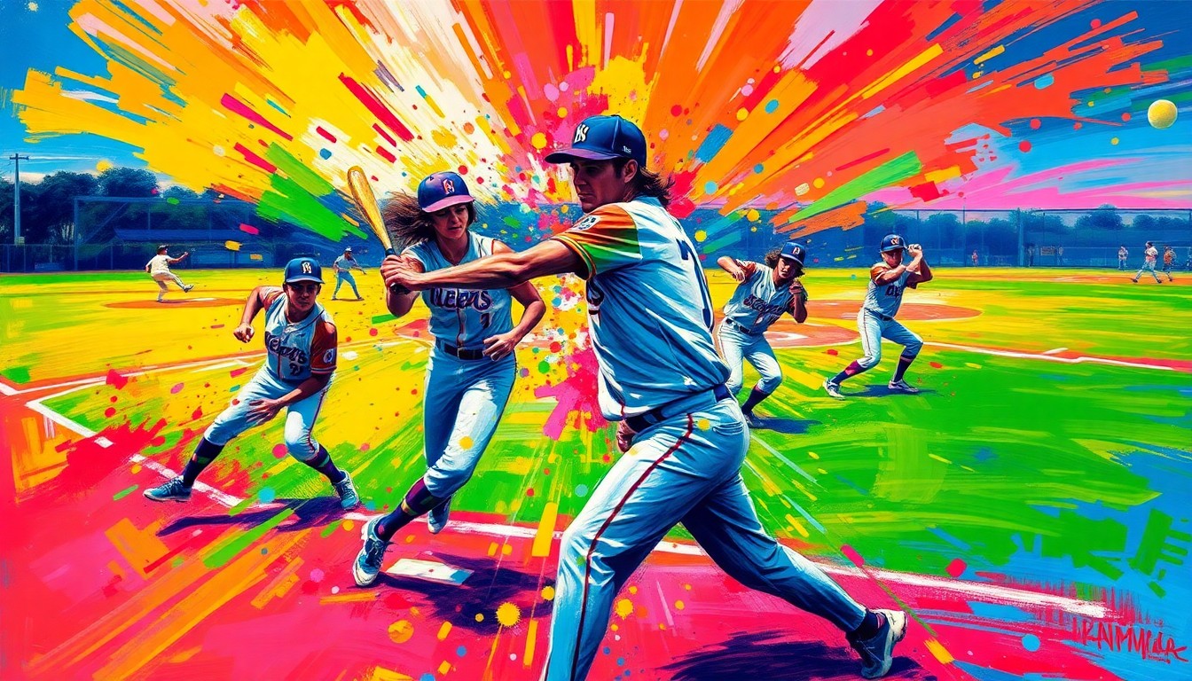 An abstract, expressionist painting in neon colors depicting the dynamic motion and energy of a softball pitching delivery, with the players' forms dissolving into bold, gestural brushstrokes.