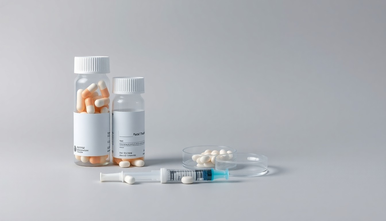 A minimalist studio still life photograph featuring a stack of pill bottles, a syringe, and a petri dish arranged on a clean, grey background, conceptually representing the challenges of drug development and market compliance facing the biotech industry.