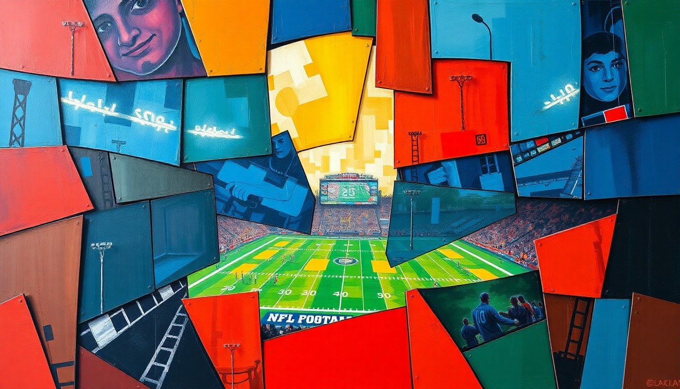 A fragmented, geometric painting in bold colors depicts an abstract football scene, representing the challenges top 2026 NFL Draft prospects may face in landing with certain teams from a fantasy football perspective.