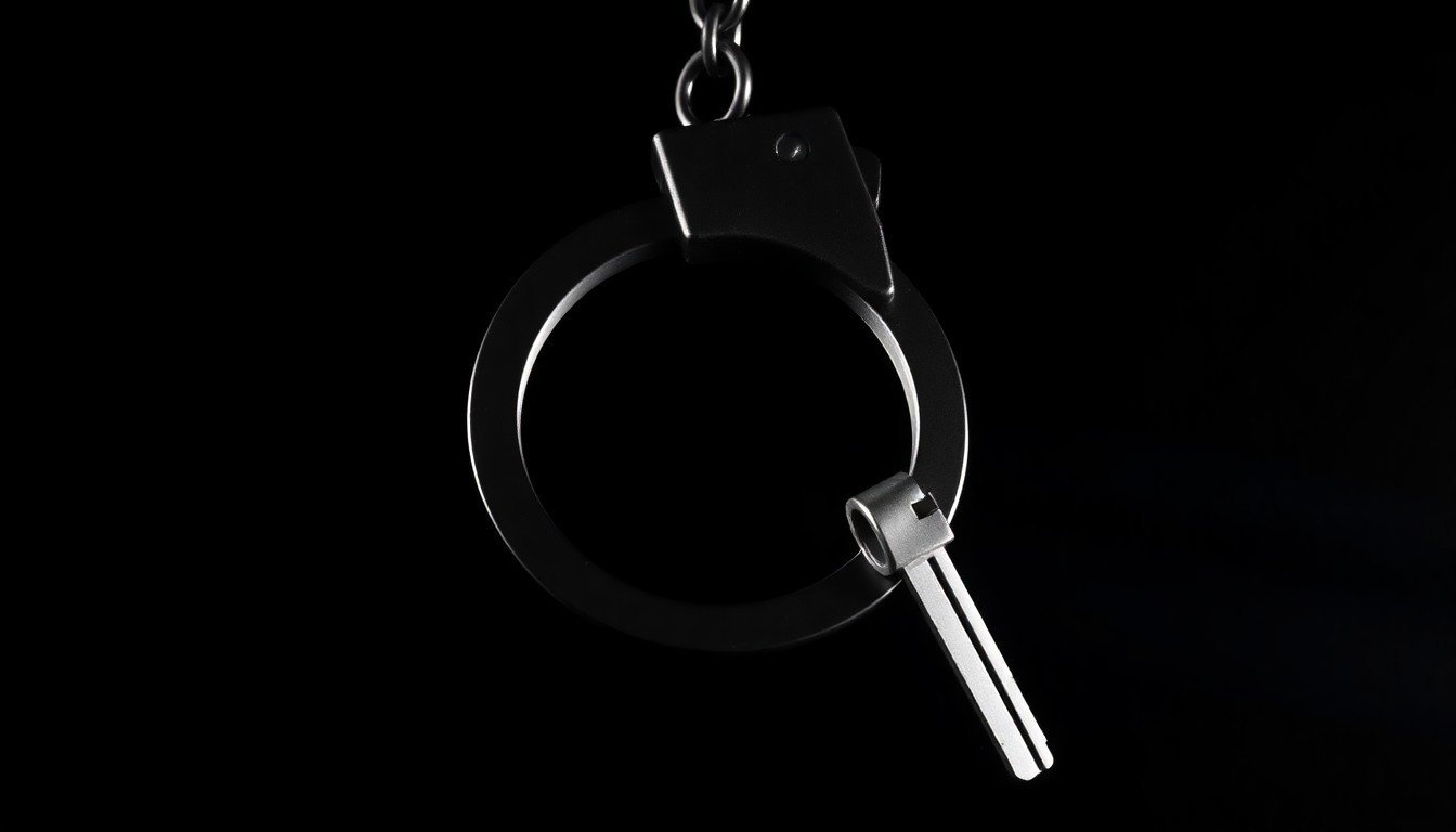 An extreme close-up photograph of a handcuff key against a pitch-black background, conceptually representing the legal complexities of Subramanyam Vedam's case.