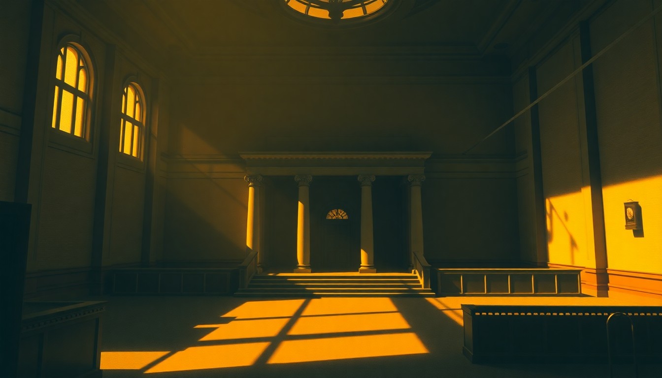 A dimly lit, cinematic painting of a city hall building or council chamber, with warm sunlight streaming in through the windows and deep shadows casting a pensive mood over the scene.