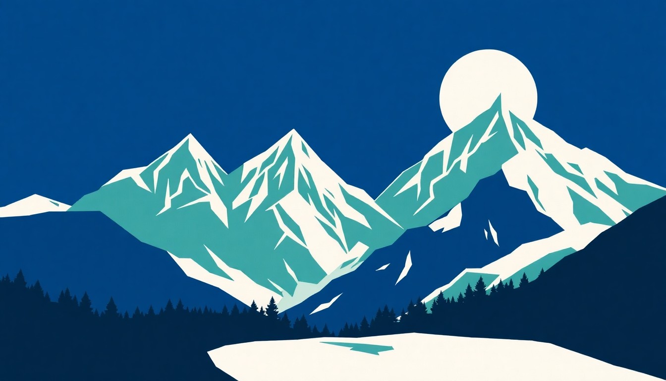 An abstract, minimalist illustration featuring bold, jagged shapes in shades of blue, green, and white, conceptually representing the themes of bluegrass music, mountain landscapes, and the afterlife.